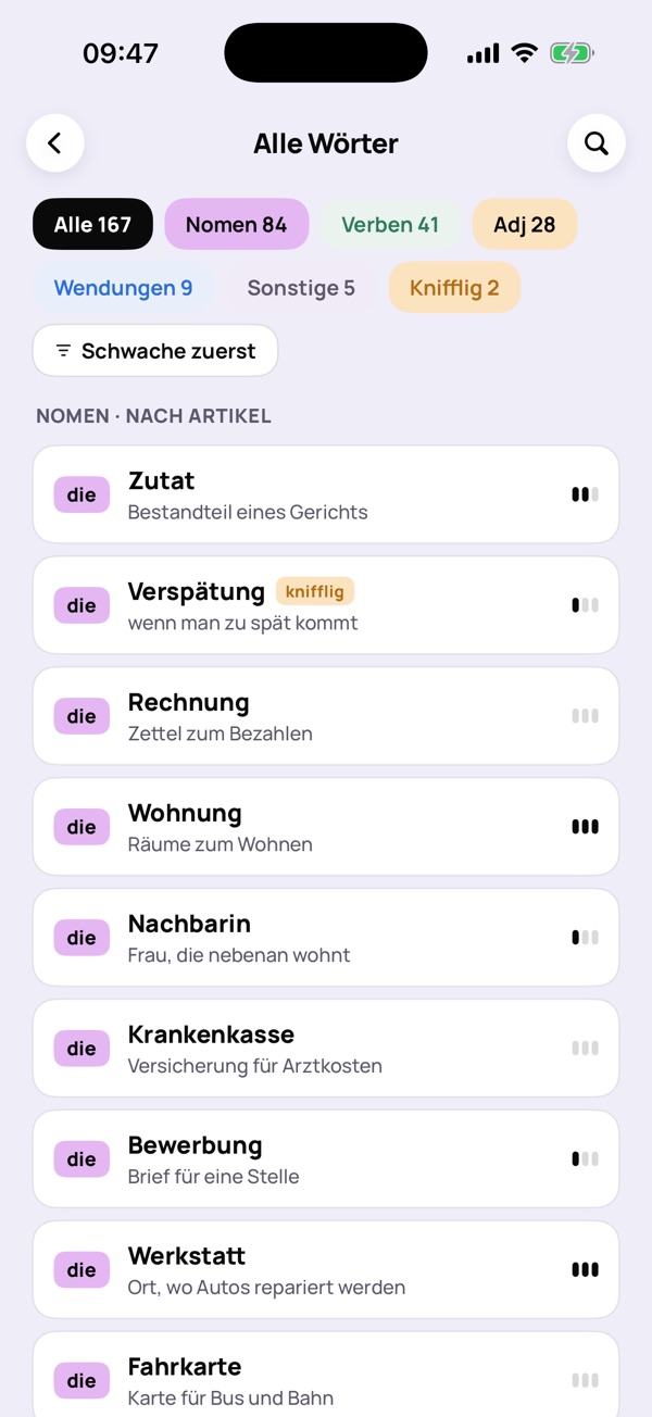 Bildschirm „Alle Wörter“: Karten nach Artikel gruppiert