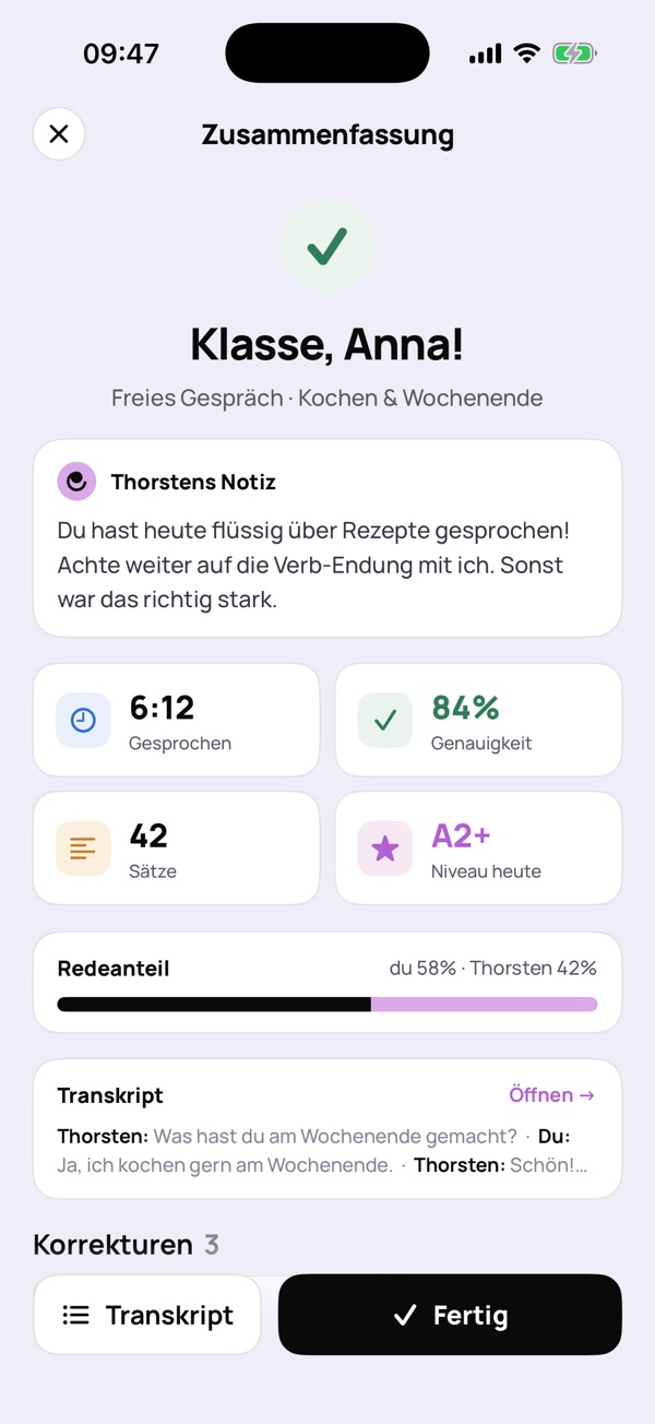Bericht nach dem Gespräch: Notiz von Thorsten, Genauigkeit, Sprechzeit, Transkript und Korrekturen