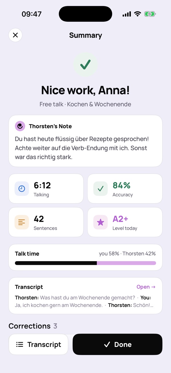 Report after a conversation: a note from Thorsten, accuracy, speaking time, transcript and corrections