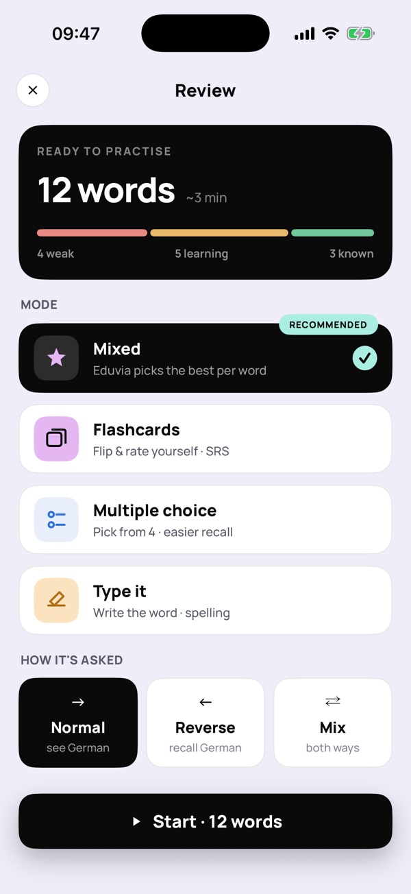 “Review” screen: word practice modes