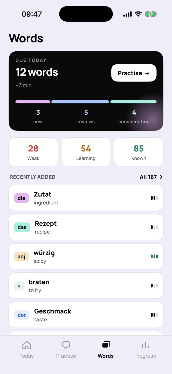 “Words” screen: 12 words for today and recently added