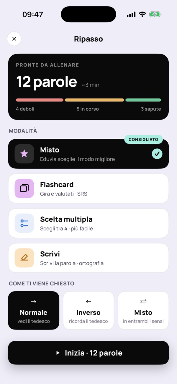 Schermata «Ripasso»: modalità di allenamento delle parole