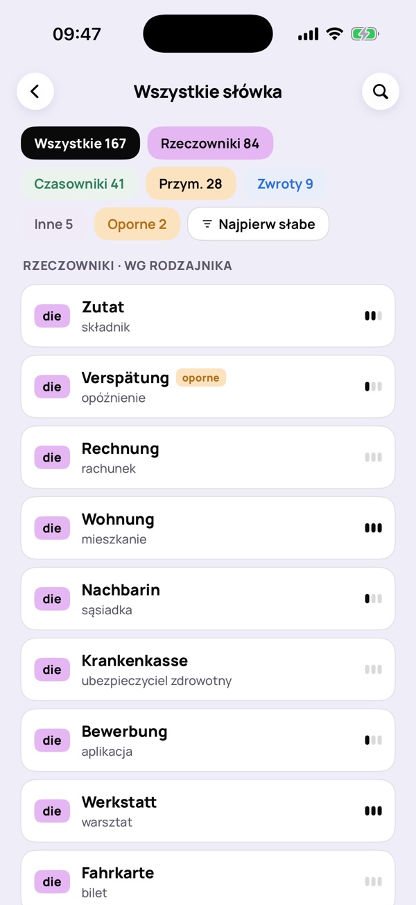 Ekran „Wszystkie słówka”: fiszki pogrupowane według rodzajnika