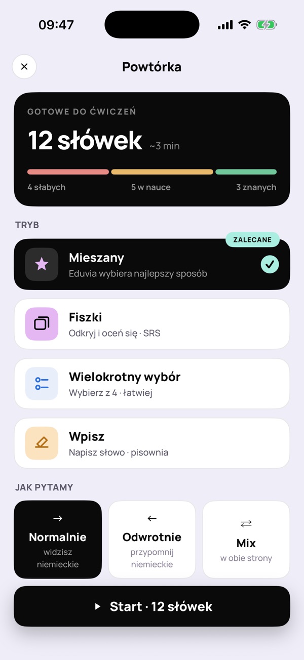 Ekran „Powtórka”: tryby ćwiczenia słówek