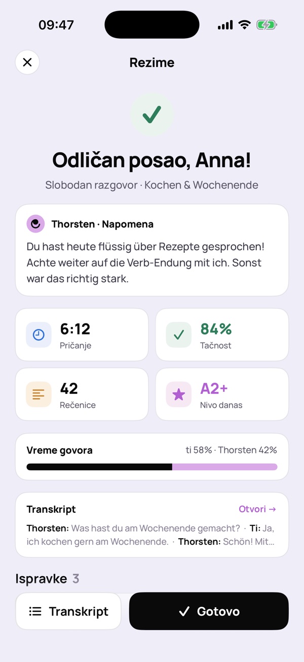 Izveštaj posle razgovora: Thorstenova beleška, tačnost, vreme govora, transkript i ispravke