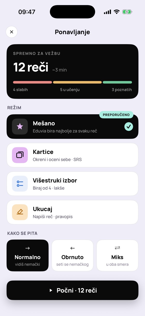 Ekran „Ponavljanje”: režimi vežbanja reči